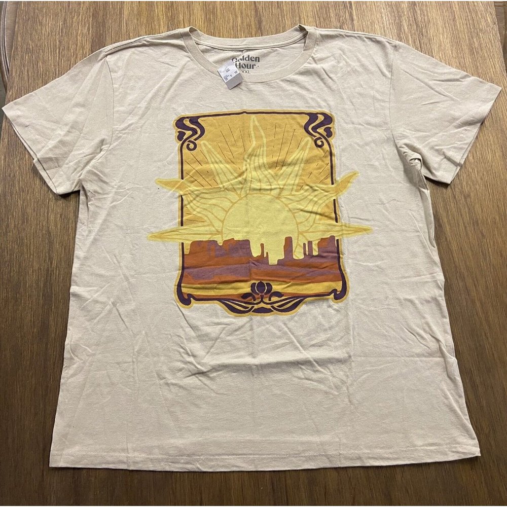Golden Hour Sunrise Beige Graphic Crew Neck Tee XXL NWT